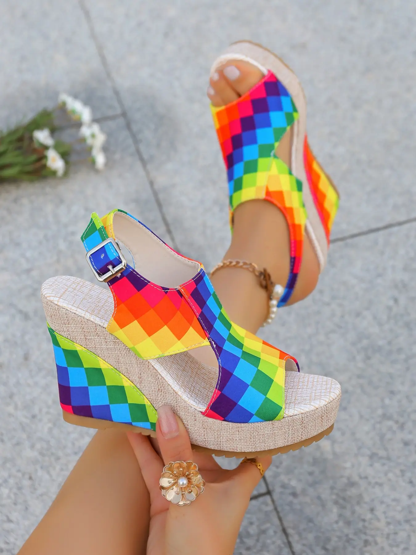Rainbow Colorblock Wedge Sandals, Hollow Out Strap Thick Sole High Heels, Summer Fake Eye-Catching Women's Shoes, Fashion Textile Upper Heels Wedges, Stylish Footwear