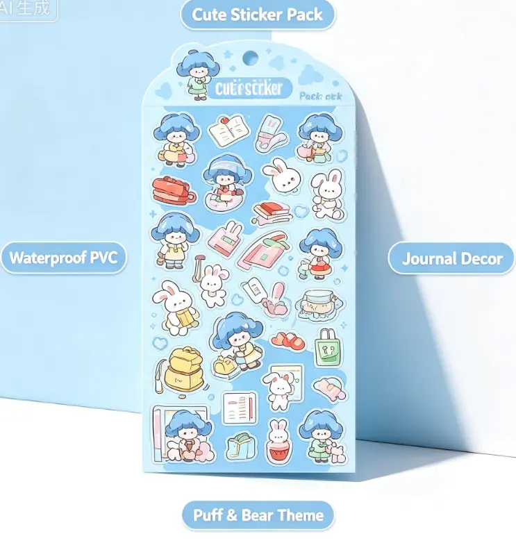 Cute Puff & Cotton Rabbit DIY Decorative Stickers, Kawaii Cartoon Journal Scrapbook Stickers for Notebook Water Bottle Hand Account Crafts