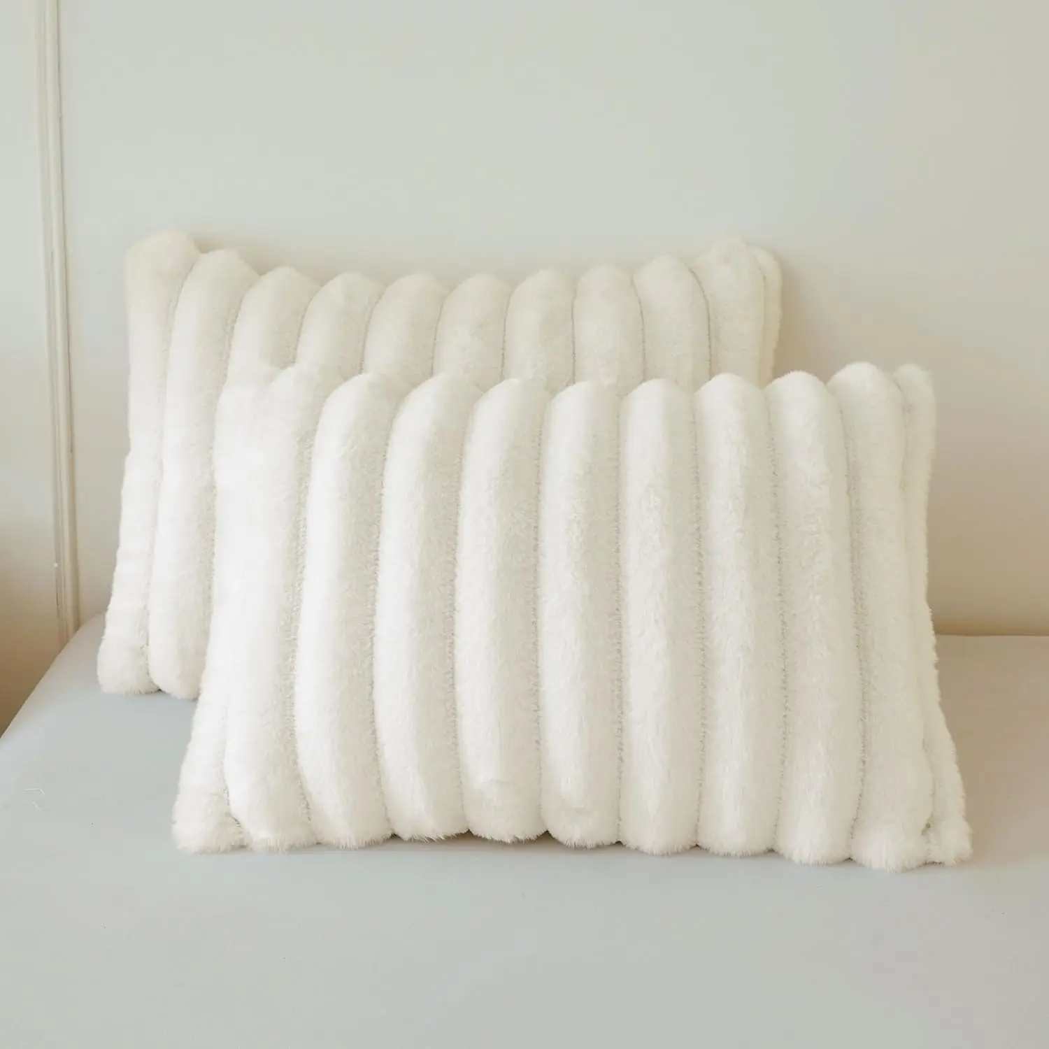 Pack of 2  Faux   Pillowcases,  Striped Plush Fuzzy Bed Pillow Cases with Zipper, Farmhouse Shaggy Furry Ribbed Long Pillow Covers for  Teens Adults 20x26, Standard, Beige