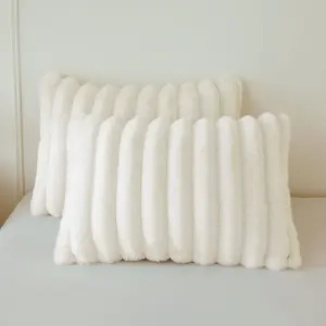 Pack of 2  Faux   Pillowcases,  Striped Plush Fuzzy Bed Pillow Cases with Zipper, Farmhouse Shaggy Furry Ribbed Long Pillow Covers for  Teens Adults 20x26, Standard, Beige