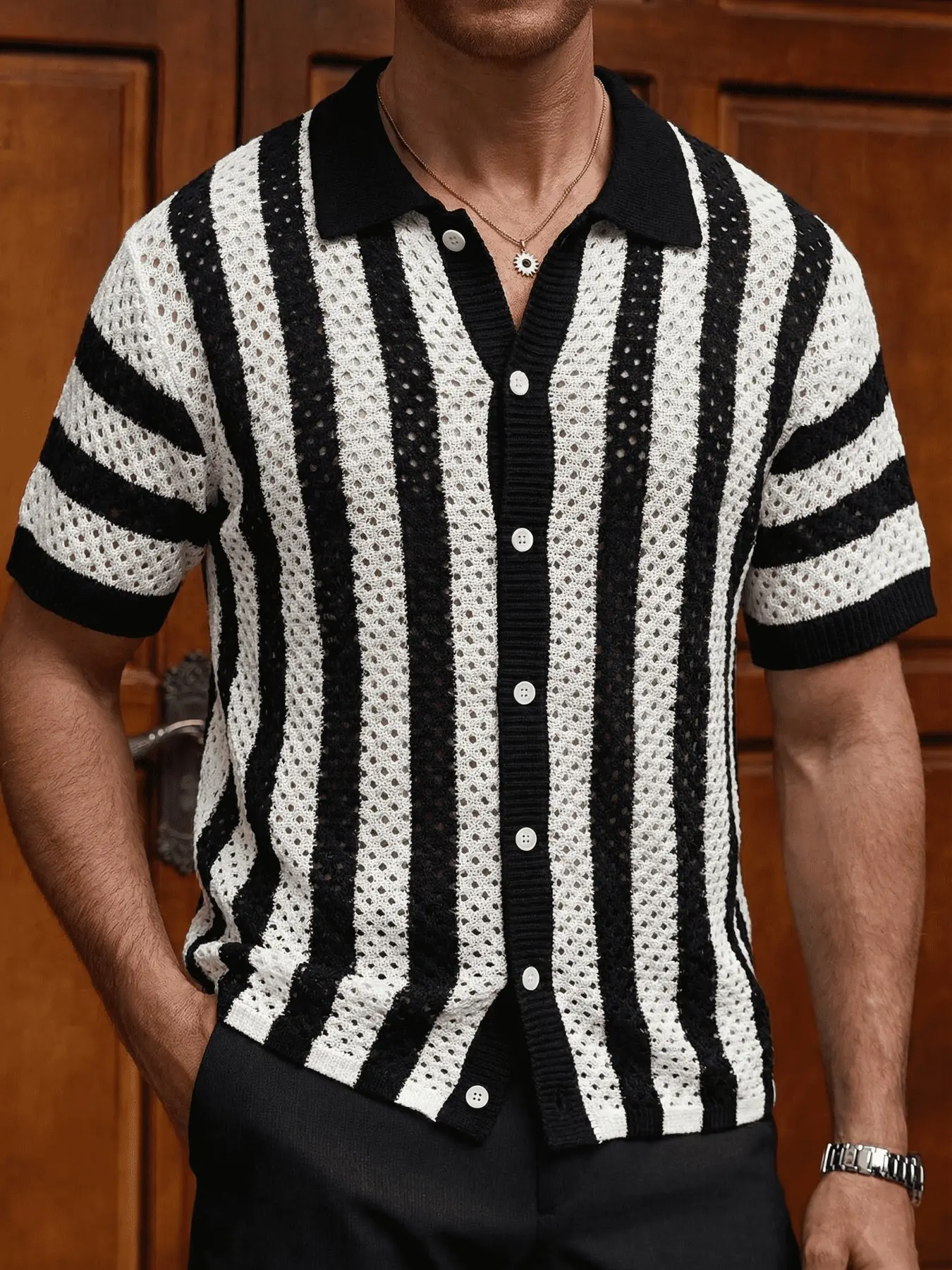 Summer Striped Knitted Cardigan, Casual Striped Design, Fitted Cut, Breathable Hollow Polo Neck Sweater, Casual Men's Beachwear, Vacation Travel Top, Casual Wear Clothes