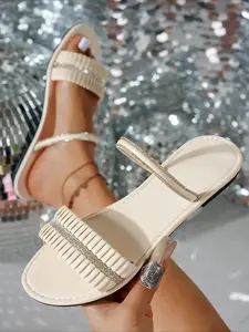 Pleated Rhinestone Slide Sandals for Women, Summer Thin Strap Flat Slides, Fairy Style Outdoor Beach Slippers