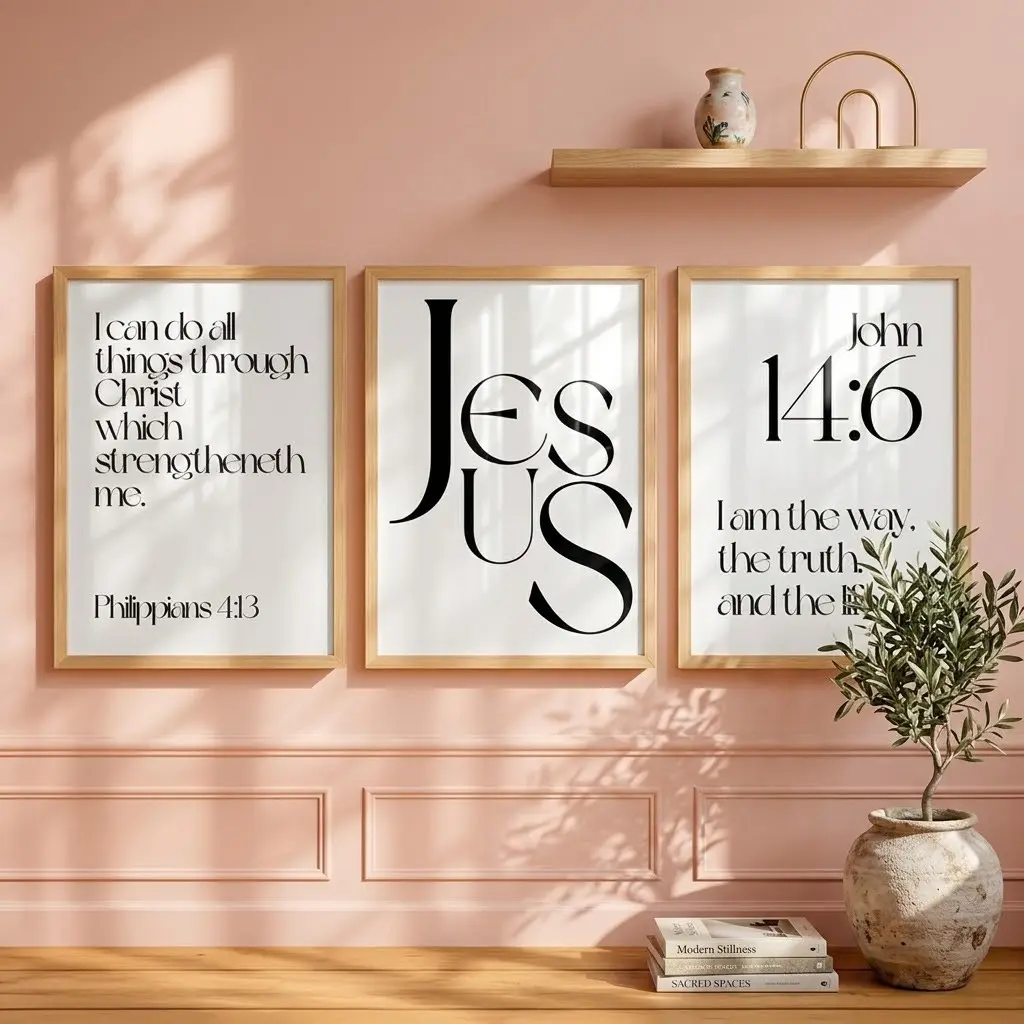 Christian Wall Art Set of 3 Prints, Bible Verse Wall Art, Jesus Print, Philippians 4 13, John 14 6, Black White Decor, Digital Download