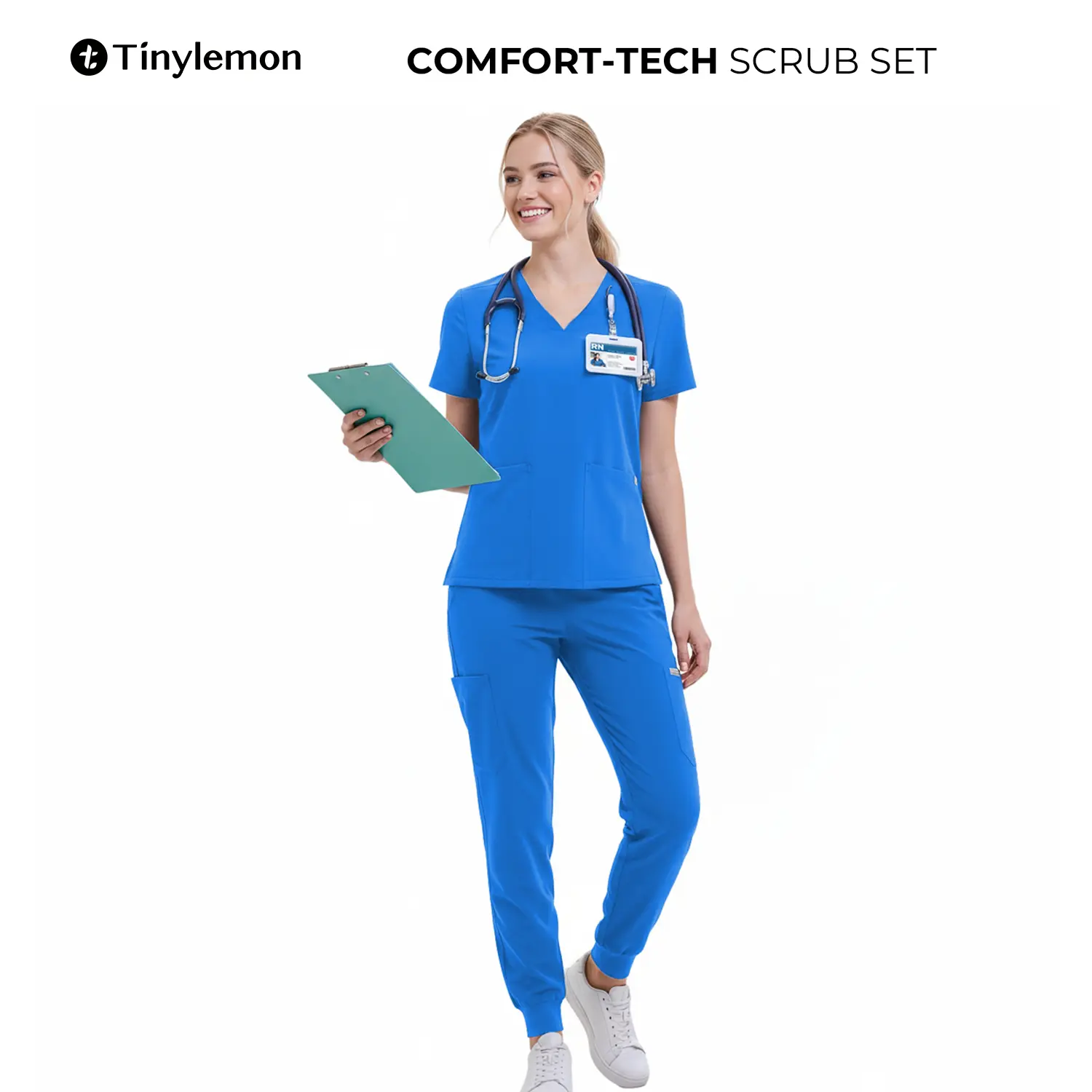 TINYLEMON Women Scrub Set - 3 Pocket V-Neck Top & Slim Fit Scrub Pants with 8 Pockets, Anti-Wrinkle Scrub Top Yoga Waistband Women Joggers Workwear Clothes