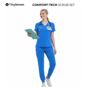 TINYLEMON Women Scrub Set - 3 Pocket V-Neck Top & Slim Fit Scrub Pants with 8 Pockets, Anti-Wrinkle Scrub Top Yoga Waistband Women Joggers Workwear Clothes