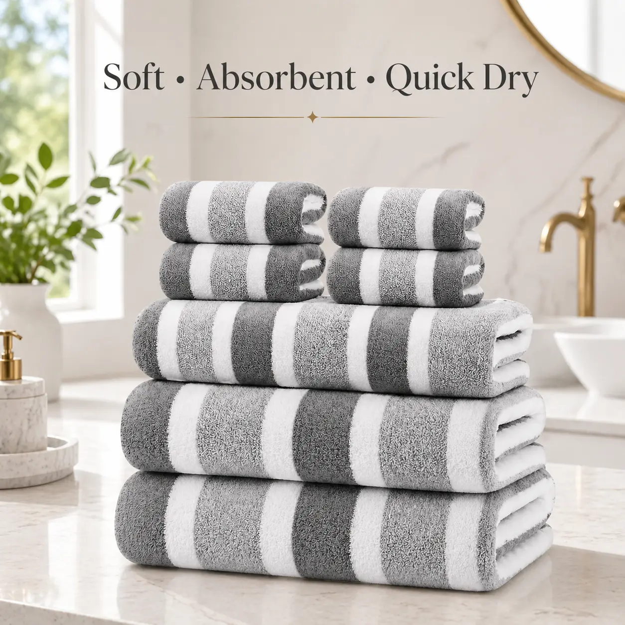 8-Piece Microfiber Bath Towel Set, Quick Dry Absorbent Gray White Striped Towels with Bath Towels, Face Towels & Washcloths, Quick Drying Towels, Super Absorbent Microfiber