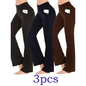 Set of 3 Women'S High-Waisted Yoga Flared Leggings Featuring Pockets - Flexible Elastic Waistband, Exercise Trousers, Quick-Drying, Breathable, Wide-Leg Style with Side Pockets, Solid Hue, Ideal for Running, Gym, And Year-Round Fitness Activities