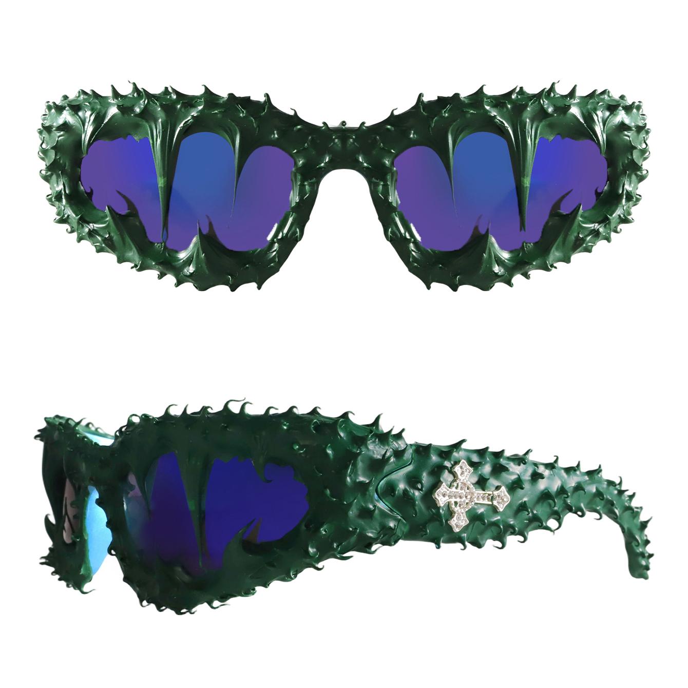 Edgy Spiked Wraparound Sunglasses - Brutalist Textured Frame with Bling Cross Embellishments, UV400 Shades Perfect for Cyberpunk Alt Girl Aesthetic and Festival Statement Looks