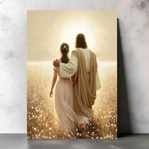 1pc Leading - Contemporary Christian Canvas Painting, Jesus and Woman Walking, LDS Bible Painting, Inspirational Religious Wall Decor, Suitable for Bars, Cafes, Shops, and Bedrooms - 11.8x 15.7inch