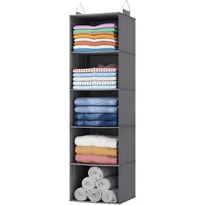 5 Tier Hanging Closet Organizer and Storage for Shelves, Foldable Clothes Shelf 2 Sturdy Hooks, Sweater/Coat/Shoes Clothing Organization for Wardrobe, Dorm, Bedroom, Gray