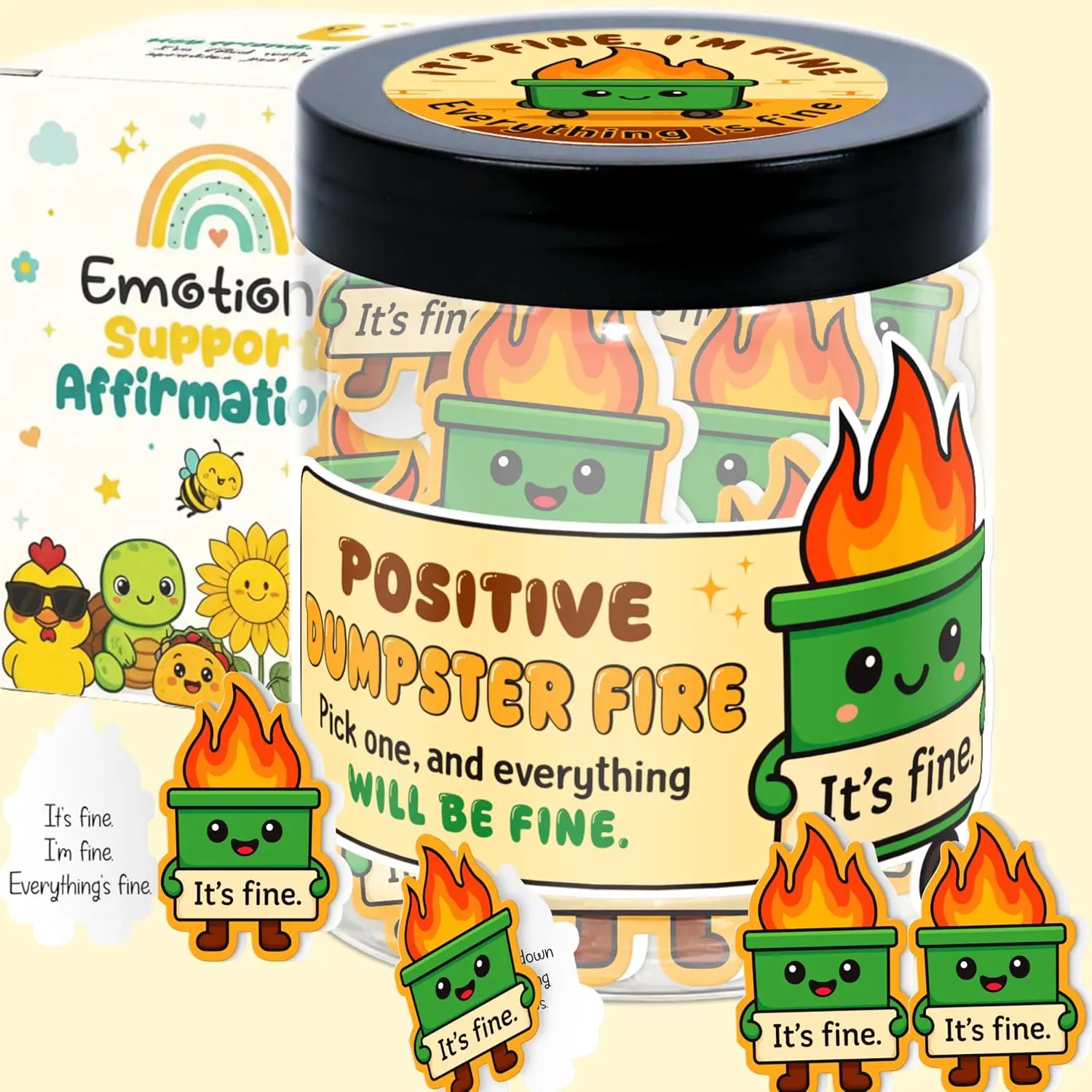 Emotional Support Dumpster Fire Affirmation Jar for Women, Teens, Coworkers, Employees – Funny Christmas Stress Relief Gift – 60 Positive Cards – Office Humor, Self-Care, Stocking Stuffer