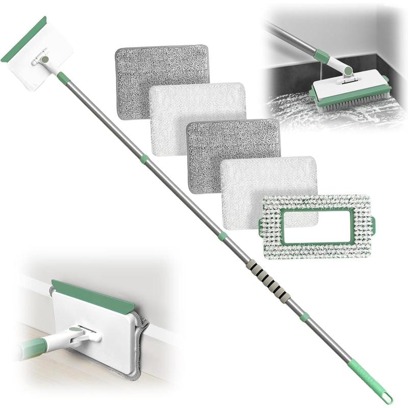 Baseboard Cleaner Tool with Handle, Wall Cleaner Mop with 54.7'' Adjustable Long Handled 1  Brush Mop  and 4  Cleaning Pads for Baseboards Cleaning, Ceiling, Skirting Board