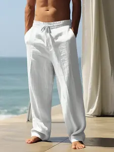 Men's linen trousers - Casual Plain Trousers, non-elastic formal trousers, featuring elastic drawstring waistband and loose fit, suitable for beaches, offices and parties; men's casual formal wear, machine washable