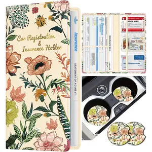 Registration and  Card Holder with  Shut -  Glove Box Organizer Women Leather Automobile License Holders Coasters Auto Case for Document Flower Floral