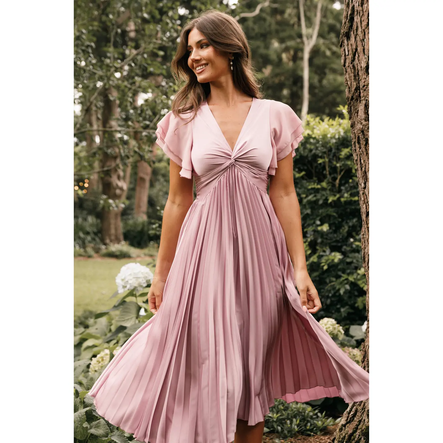 Nova Flutter Sleeve Midi Dress - Dusty Rose