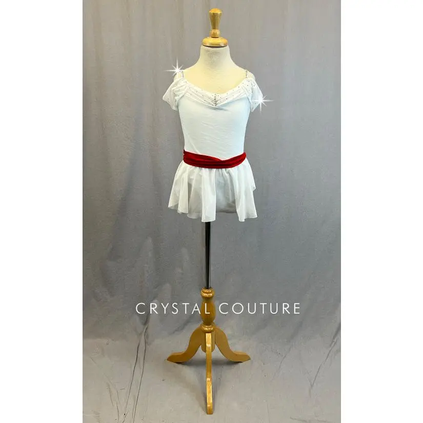White Leotard with Short Mesh Off Shoulder Drape - Rhinestones