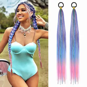 26 Inch Hair Tinsel Colored Braided Ponytail Extension 2 Pack Blue Pink Gradient Hair Extensions Ponytail with Elastic Tie Straight Sleek Wrap Around Hair Extensions for Braids