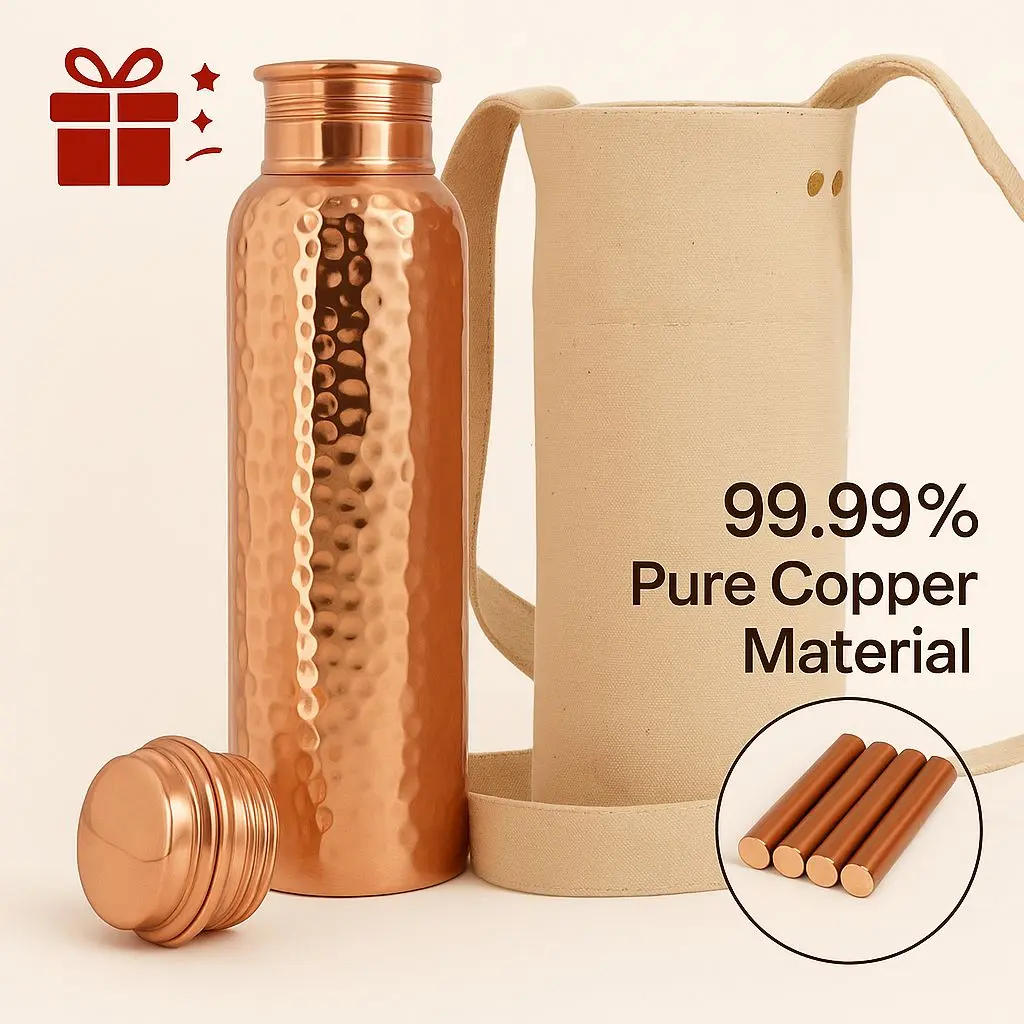Copper Water Bottle (34oz/1000ml) w/a Carrying Canvas Bag |         100% Pure Copper Bottle for Drinking Water |         Lab-Tested, Heavy Duty & Leak-Proof