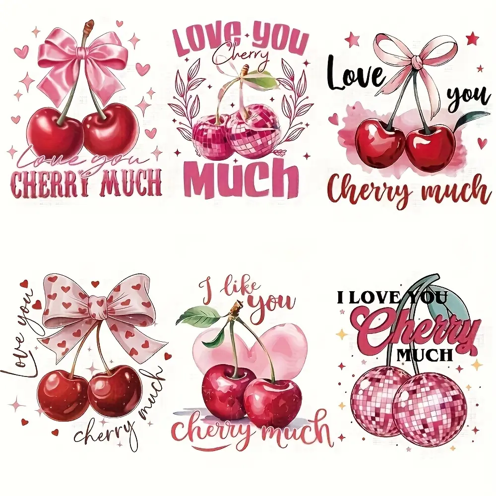 6 Sweet Cherry Creative Iron-On Transfer Patches, Mixed Paint Vinyl Material, DIY Crafts Handicraft Stickers for Washable Clothes & Accessories, Designs, DIY Craft Decor, DIY Decoration, Craft Supplies