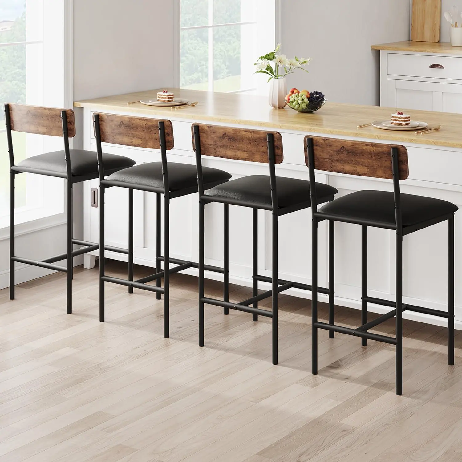 GARVEE Bar Stools Set of 4, Upholstered Counter Height Bar Stools with Backrest and Footrest, Kitchen Barstools for Island, Counter Bar, Easy Assembly, Rustic Brown