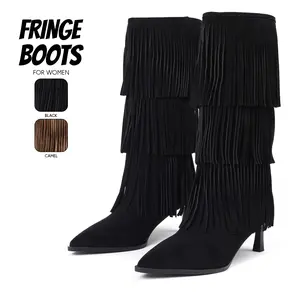 Womens Fringe Boots Western Cowboy Boot Pointed Toe Stiletto Heel Multi Layer Tassel Comfy Easy Pull On Spring Summer Boho Party Concert Retro Classic Country Wedding Daily Night Club Dressy Cowgirl Fashion Suede Boots