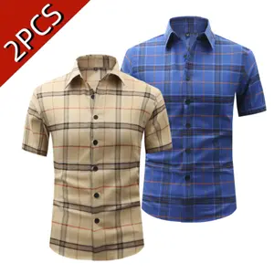 Men’s two-pack plaid short-sleeve shirts with a vintage British-style pattern, made from soft, skin-friendly fabric, featuring a turn-down collar and a slim fit—suitable for office commutes, everyday wear, and casual occasions.