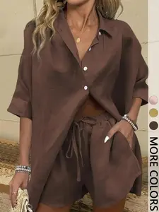 2 Piece Women's Summer Linen Feel Loose Set, Womenswear Brown Button Down Shirt & Shorts Lounge Outfit Loungewear, Cloud Soft, Night In Essential, Sleep Comfort, Soft Stretch, Relaxation Wear, Casual Homewear urban style