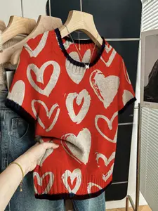 Heart Print Round Neck Sweater, Casual Fitted Short Sleeve Knitwear for Spring Summer Fall, Comfortable Warm Women's Clothing