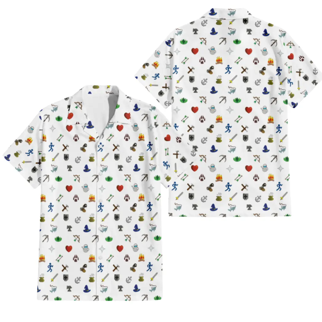 RuneScape Icon Pixel Hawaiian Shirt, Cozy MMORPG Game, Retro Fantasy Video Game Symbols, Cute Gamer Gift, RPG Adventure Shirt