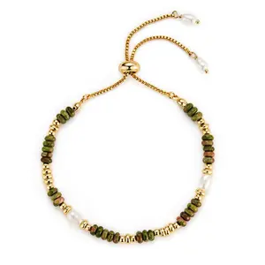 Cicy Bell Beaded Bracelets for Women 14k Gold Plated Apatite Boho Bracelets with Natural Gemstones Trendy Jewelry Gifts for Lover Mom Friends