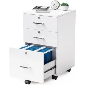 VNGLI Wood Rolling File Cabinet with Lock - Under Desk & Mobile Printer Stand - Letter Sized Files - 26" H, White