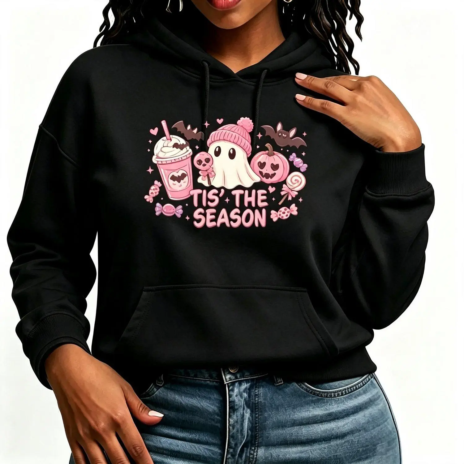 Pink Halloween Tis The Season Cute Ghost Pastel Spooky Hoodie Sweatshirt Pullover Top for Fall Autumn Stylish Casual Apparel