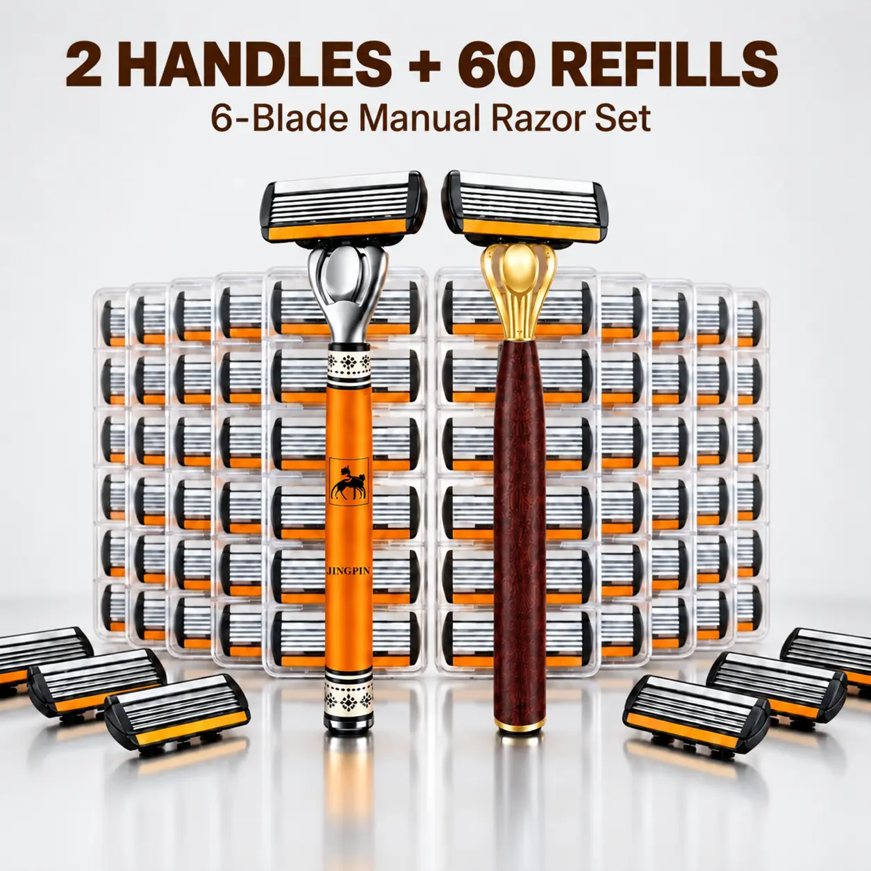 Men's Manual Razor Shaving Kit with 2 Handles and 60 Replacement Cartridges, 6-Blade Razor Set for Facial Shaving