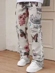 Men's casual jeans street style butterfly print denim straight leg pants fringe long pant,Men's Casual Floral Print Denim Jeans with Multi-Pocket Design - Cotton,  Loose Fit, Digital Print long pant butterfly pattern cute pant