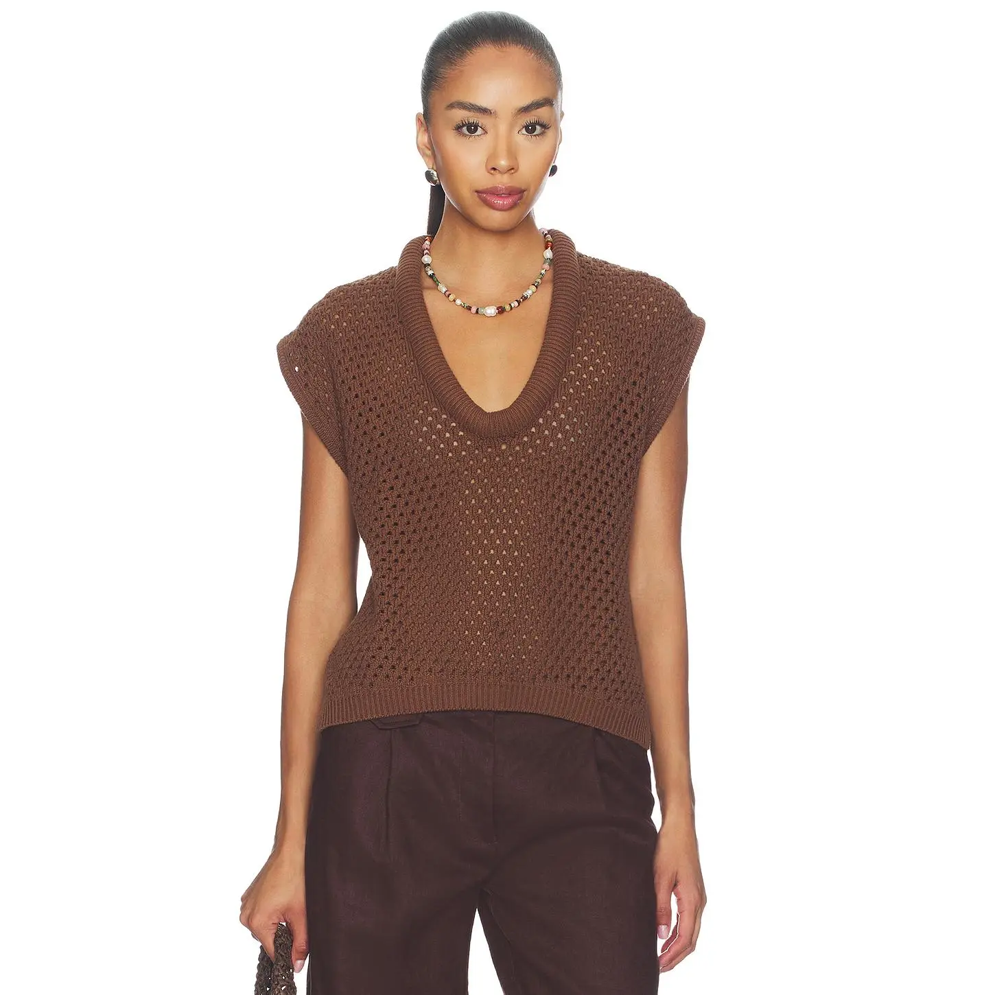 PISTOLA Beck Open Knit Cropped Sweater in Java
