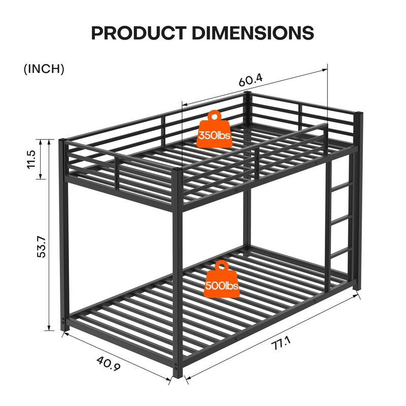 Twin Over Twin Metal Bunk Bed, Low Bunk Bed with Ladder, Bed Frame,Black, Sturdy Steel Construction, Safe Design, Easy Assembly, 250lb Upper Bed Capacity, 350lb Lower Bed Capacity