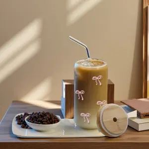 2 Piece Set Cute Bow Glass Cup Set, 16oz Bamboo Lid Straw Cup, Reusable Bow Pattern Lady Water Cup, Ideal for Coffee, Tea, Cocktails, Ice Drinks, Glass Tumbler With Lid