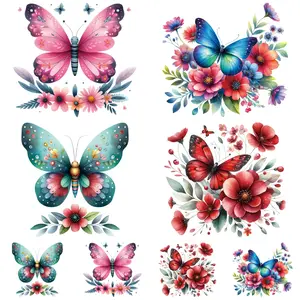 8 Piece Butterfly Floral Heat Transfer Stickers, 4 Large & 4 Small, Washable DIY Fashion DTF Iron-On Patches for Clothes Decoration, DIY Flower Decor