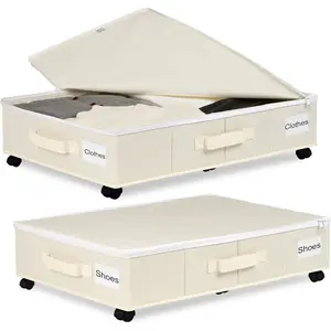 Under Bed Storage with Wheels 2 Pack Under Bed Storage Containers with Label Holders for Clothes Shoes and Blankets Rolling Underbed Shoe Organizer with Cover Beige 30.71x15.7x7.28 in