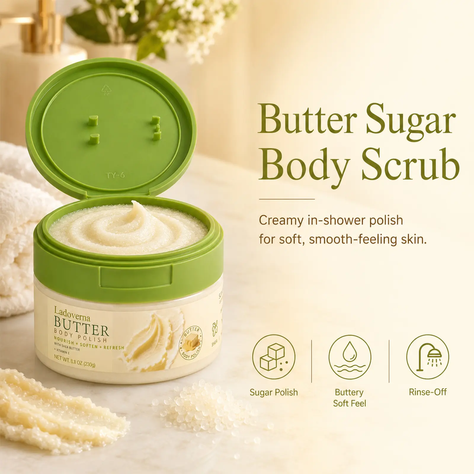 Ladoverna Butter Sugar Body Scrub (230g) - Creamy Shea Butter Exfoliating Polish for Rough Dry Skin, Daily Relaxing Scent Body Care Product to Exfoliate and Smooth Skin, Sensitive, Mild, Nourishing, Silky, Fragrance