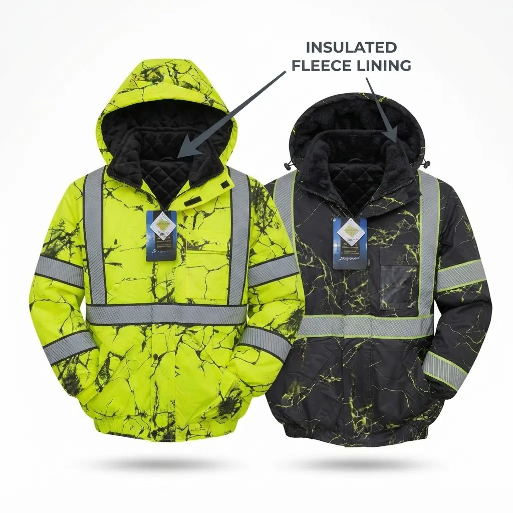 Men's Winter Camouflage Bomber Jacket - Long-Sleeve Menswear Street Fashion Outerwear with Removable Hood, Reflective Tape, Stylish Safety Design (Lime, Black), Tops, Collared Neck, Work Longsleeves