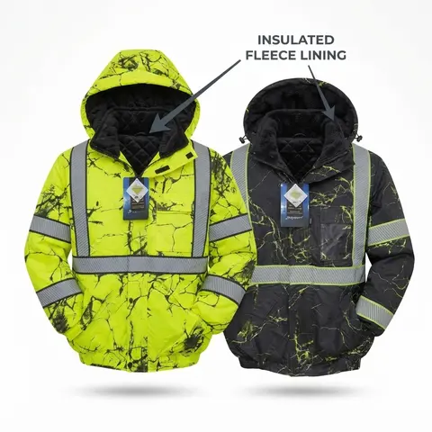 Men's 203S Winter Camo Bomber Jacket - Men's Winter Jackets, Street Style, Warm Long Sleeves, Collared Neck, Removable Hood, Reflective Tape Safety Work Outerwear (Lime, Black)