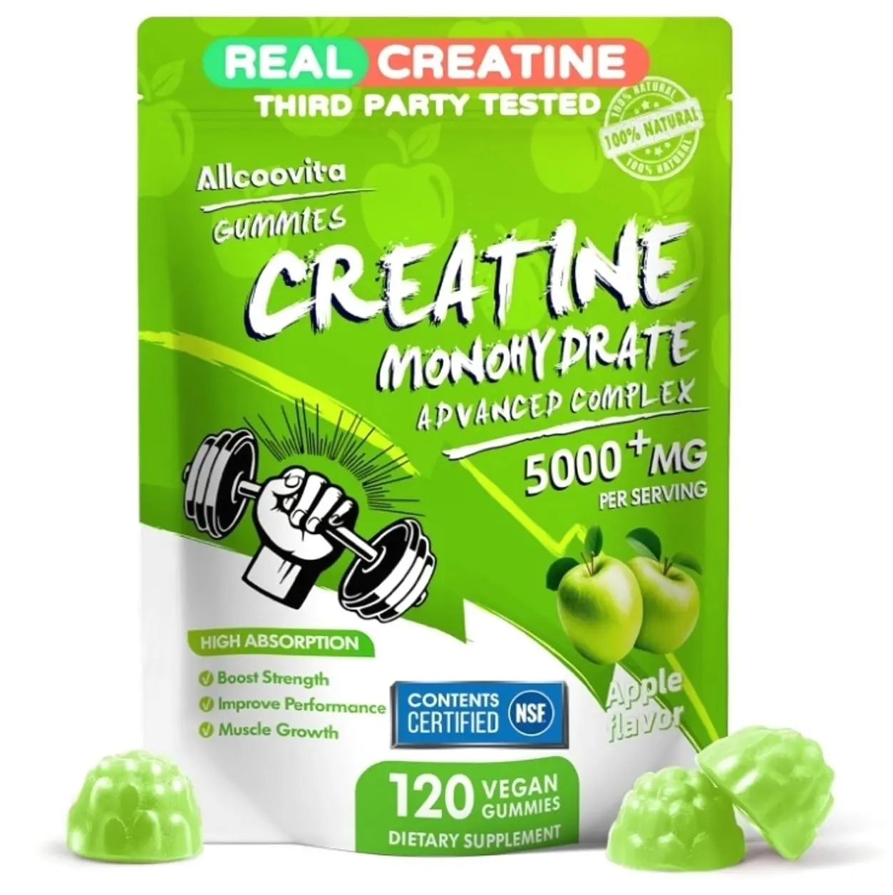 Creatine Gummy - Creatine Monohydrate Gummies 5000mg for Men & Women -120 Gummies Advanced Formula, Muscle Strength, Muscle Builder, Energy Boost, Pre-Workout Supplement-Apple