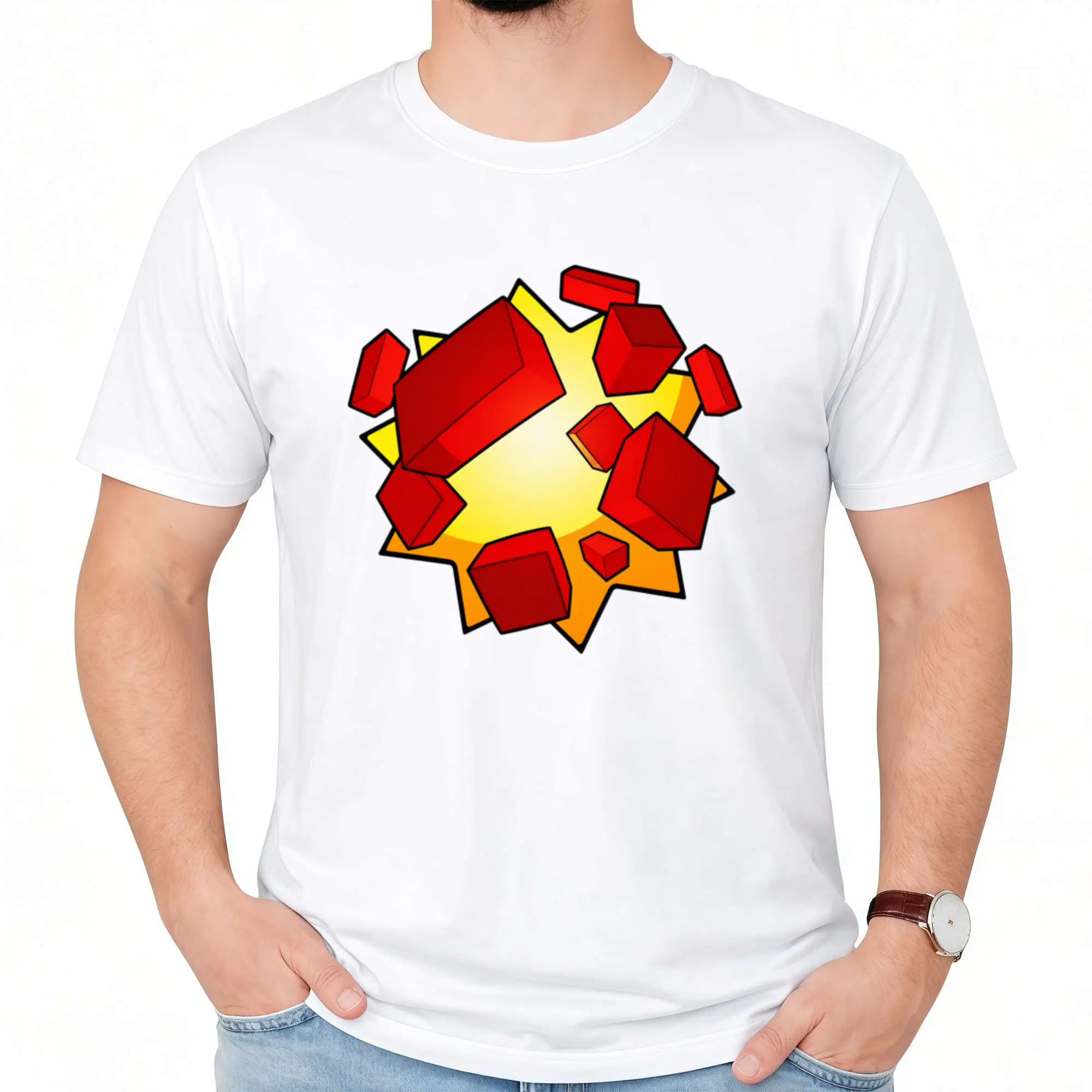 Oversized Crew Neck Short Sleeve T Shirt Featuring Cartoon Burst Star Explosion Graphic With Shattered Red Cube Pixel Redstone Blocks Unisex Soft Cotton Casual Sandbox Video Game Lover Basic Daily Top