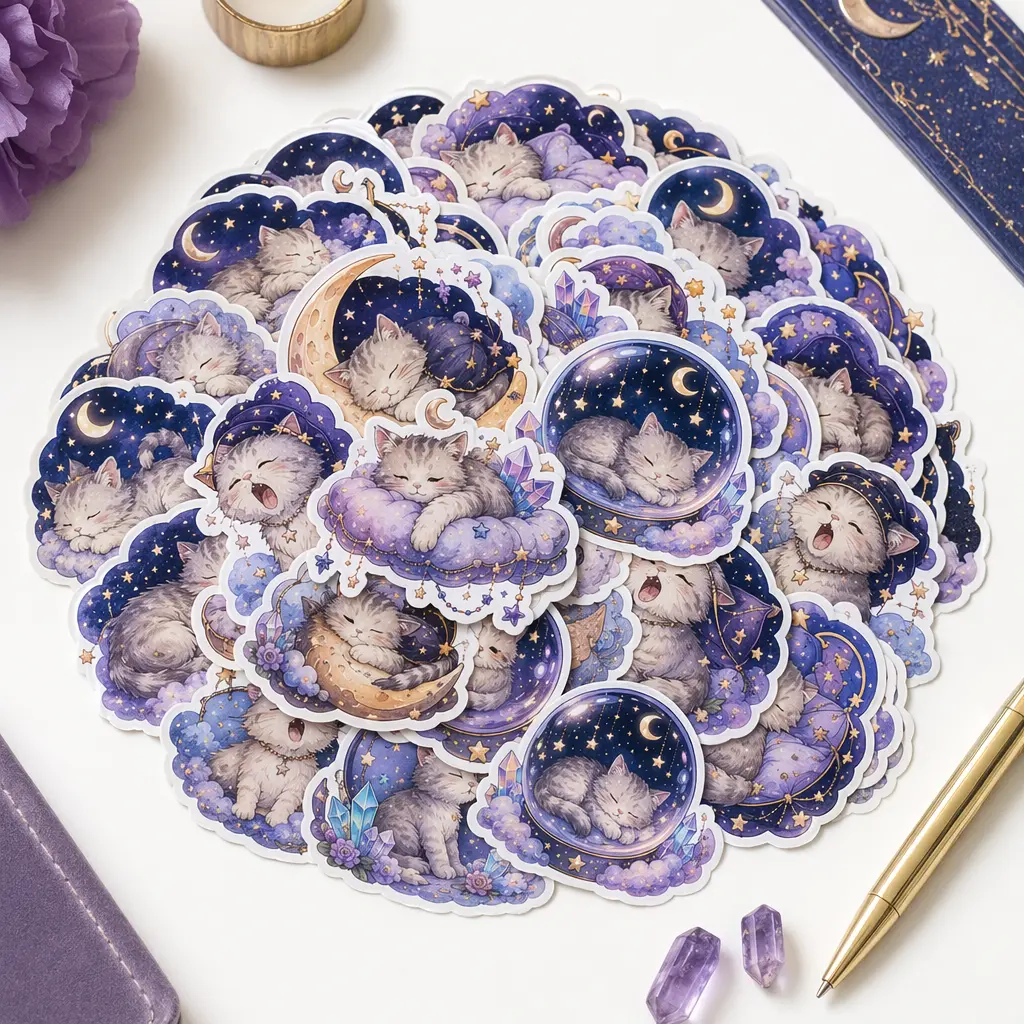 Cute Magical Cat Stickers Pack - 50 Waterproof Smooth Vinyl Decals with Crystals, Rose Gold, Lavender, Clouds, Celestial Designs, Unisex Calming Collectibles for Laptop, Water Bottle (DIY Scrapbooking & Stamping Supplies)