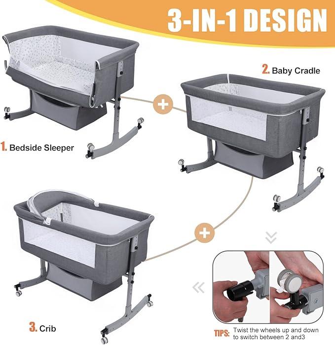 3 in 1 Bassinet - Baby Bassinet with Comfy Mattress, New Bassinet Bedside Sleeper, Portable Bedside Bassinet for Baby Girl Boy with Wheels, Easy to Assemble