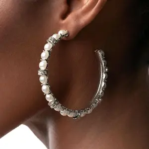 Classical Ballet Earrings - Silver Fittings with White Half-Pearls & Rhinestones, 2 1/4" Hoop Diameter, Standard Post Fitting, Elegant & Sparkling Design