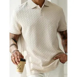 Men’s apricot textured casual polo shirt with geometric stripes for everyday wear