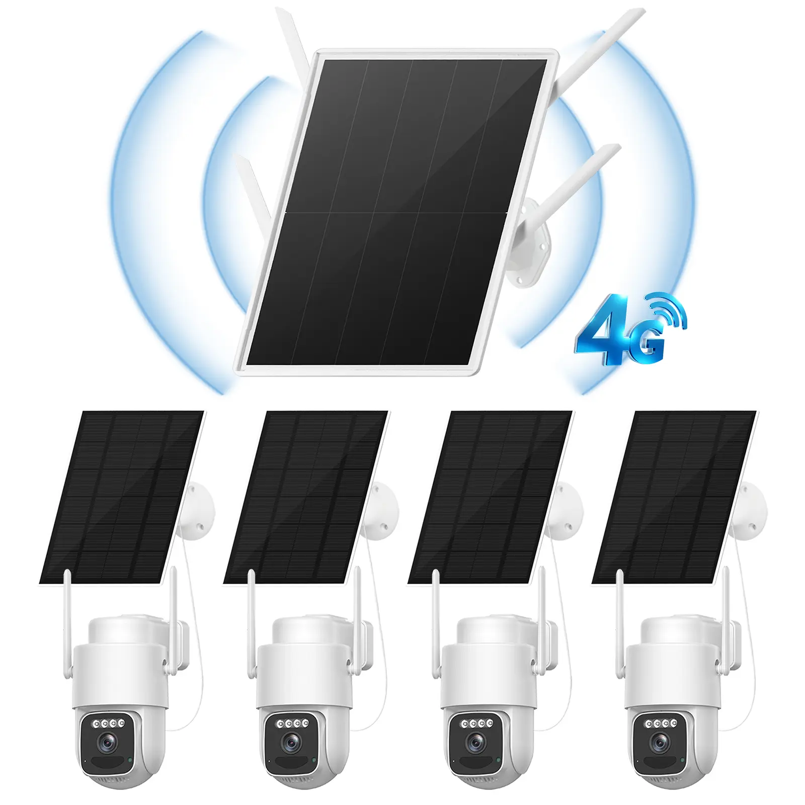 Solar 4G Security Cameras Kit Wireless Outdoor 4 Cam Kit with LTE Cellular 360° Pan & Tilt 2.5K 4MP Color Night Vision One-Step Setup for Full Property Coverage