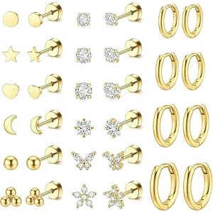 16 Pairs Surgical Steel Flat Back Earrings Hoop Sets for Multiple Piercing Hypoallergenic 20G Gold Earring Studs Cartilage Stacks Helix Piercing Charms Jewellery